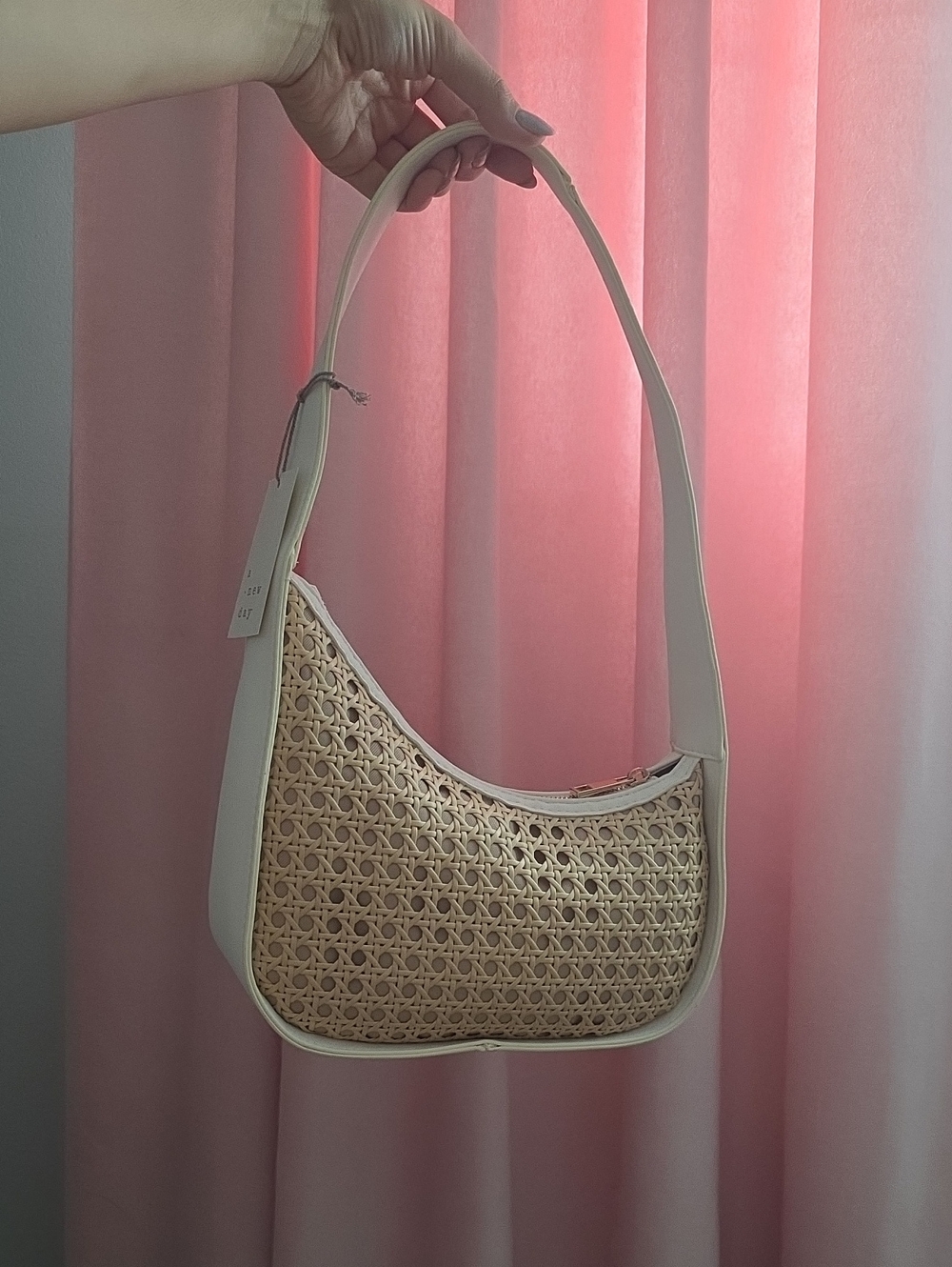 Woven Straw-Front Shoulder Bag in Cream and Natural